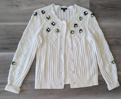 Talbots Women's Button Up Cardigan Sweater Ivory w/ Green/White 3D Loop Flowers