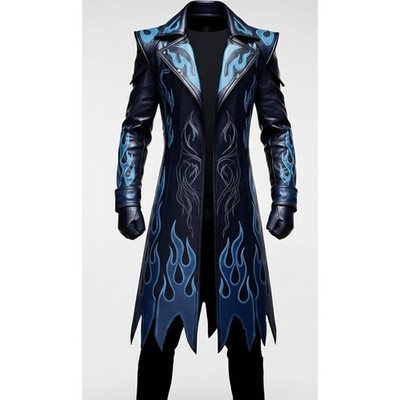Handmade Dark Blue Flame Leather Trench Coat Print Long Designer Jacket for Men