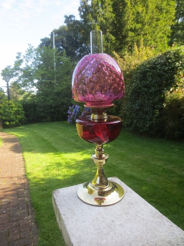 Antique Cranberry Glass & Brass OIL Lamp & Original Optic Beehive oil lamp Shade - Picture 4 of 24