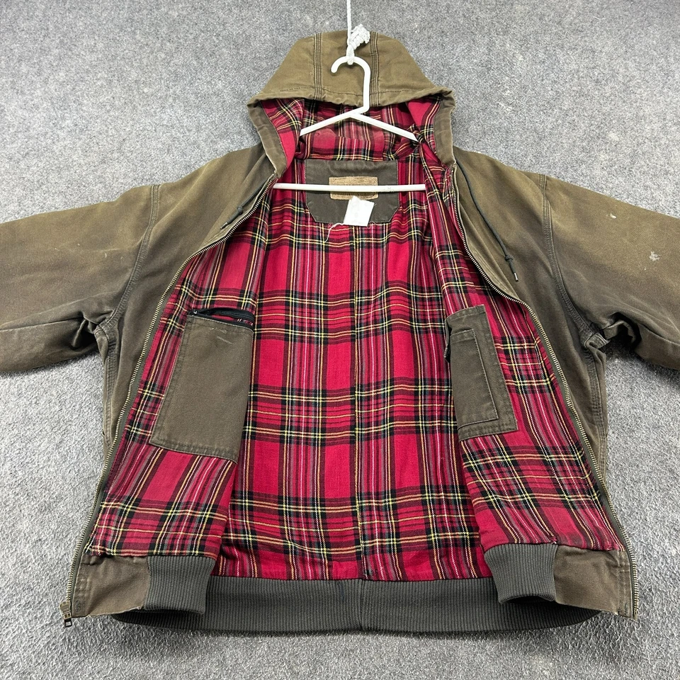 Schmidt Jacket Mens L Green Flannel Lined Hooded Workwear Duck Canvas Sun Faded - Image 2 of 4