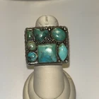 Vintage Chunky Cluster Turquoise Statement Ring 925 Sterling Silver  Size 6.75