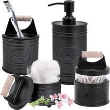 Rustic Bathroom Accessories Set 4 - Black Farmhouse Soap Dispenser, Rustic Tooth