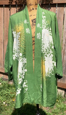 Japanese Hand Printed Boho Green White Yellow Floral Rayon Kimono Robe OS