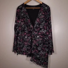 Venezia 26/28 Black Floral Asymmetric Crossover V-Neck Top Stretch Waist