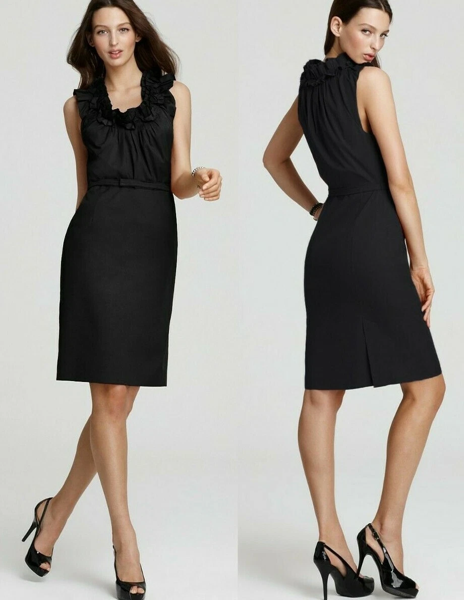 $348 Elie Tahari Roxanna Black LBD Poplin Belted Ruffle Collar Dress 14