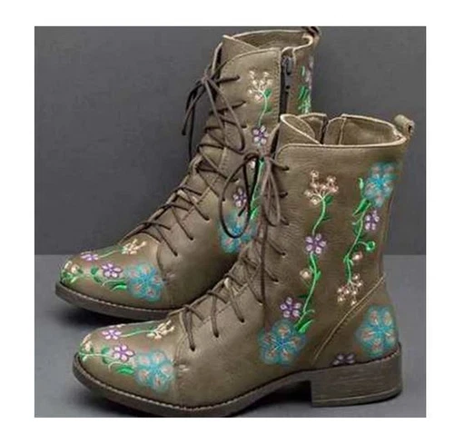 NEW Woman's Fashion Embroidered Flower Vintage Boho Lace Up Ankle Boots/ - Picture 6 of 18