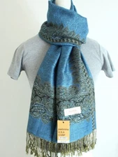 Women's Pashmina Scarf Shawl,Paisley,Black Turquoise Silk.Cashmere.Soft  