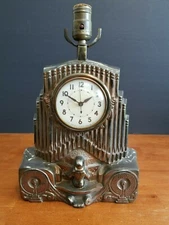 VINTAGE TELECHRON CLOCK BRONZE ART DECO LADY PLAYING PIANO CLOCK LAMP 14" RARE
