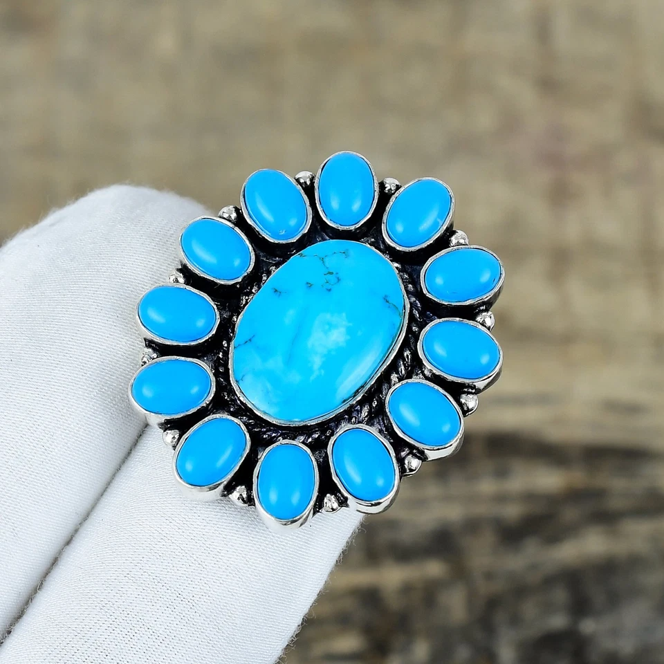 Elegant Turquoise Gemstone Ring Handmade 925 Sterling Silver Jewelry For Gift - Image 3 of 4