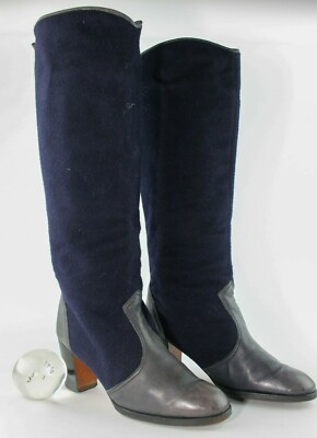 Damenstiefel Lederstiefel Maduson 1/2 blau Wildleder Filz 1970er