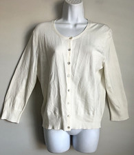 New Worthington Women  s White Scoop Neck Rib Knit  Sleeves Button Up Cardigan L