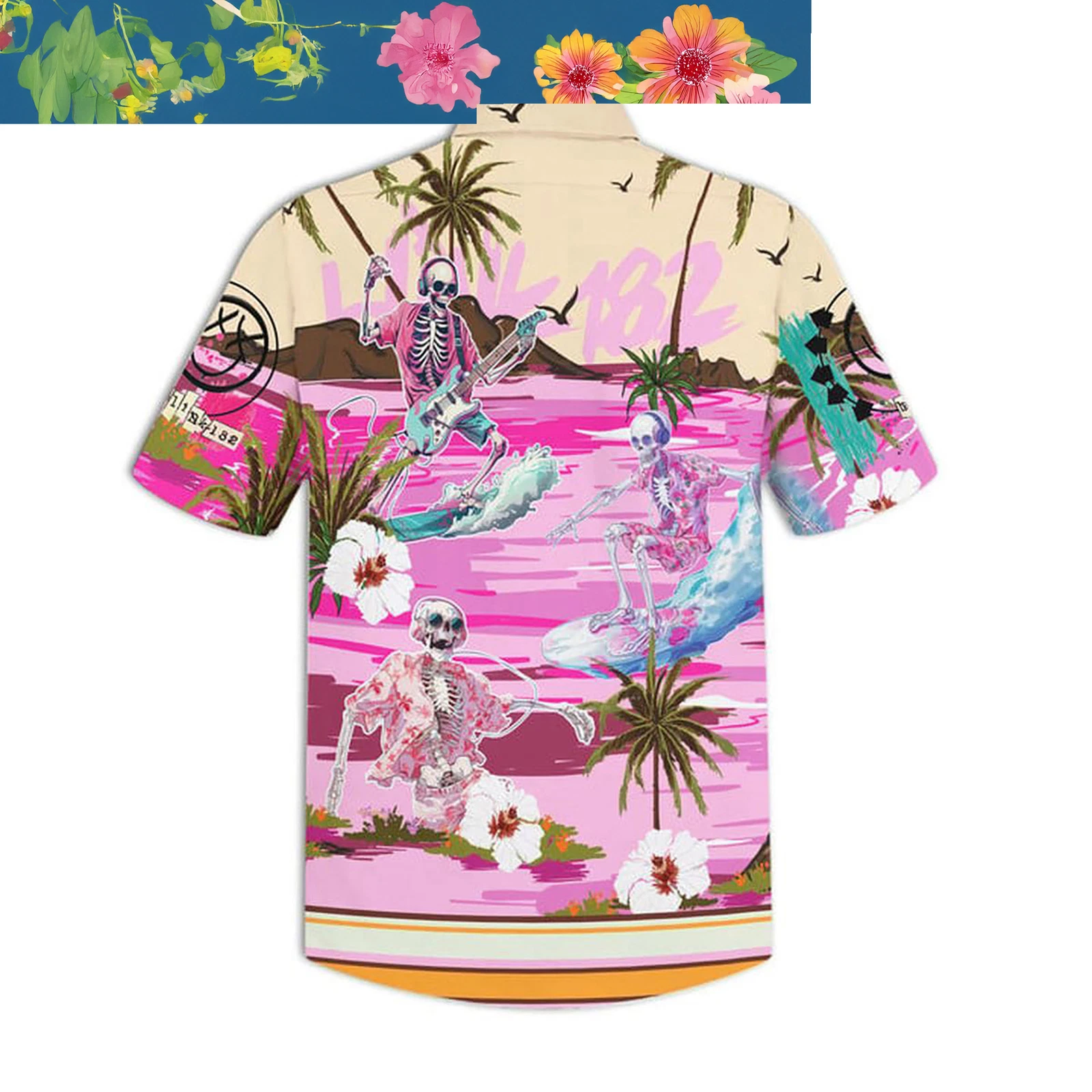 B182 Dancing Skull Surfing Beach Hibiscus Pink Hawaiian Shirts