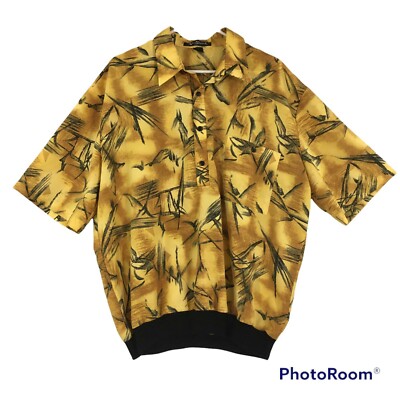 Alan Stuart Mens Vintage 90s 80s Wild Yellow Black Abstract Banded Shirt, XL