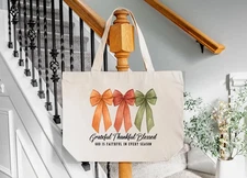 Autumn Bows Cotton Tote Bag Thanksgiving Faith Bag Farmhouse Gift