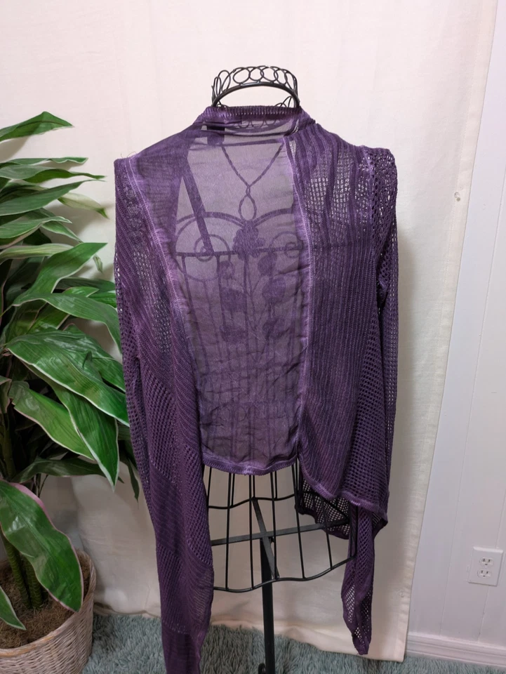 Cárdigan DKNY Donna Karan NY púrpura malla abierta tejido asimétrico frente cascada Foto 3 de 4
