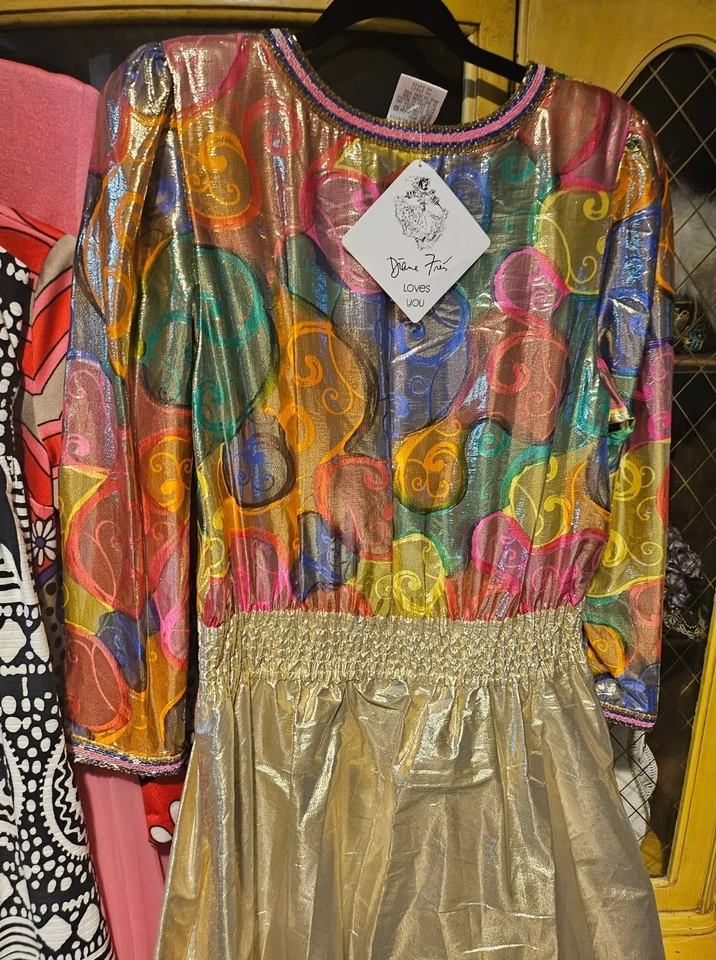 Vestido Falda Completa DIANE FREIS Metálico SEDA SIN USAR AUTÉNTICO De Colección Años 80 M/L Foto 4 de 4
