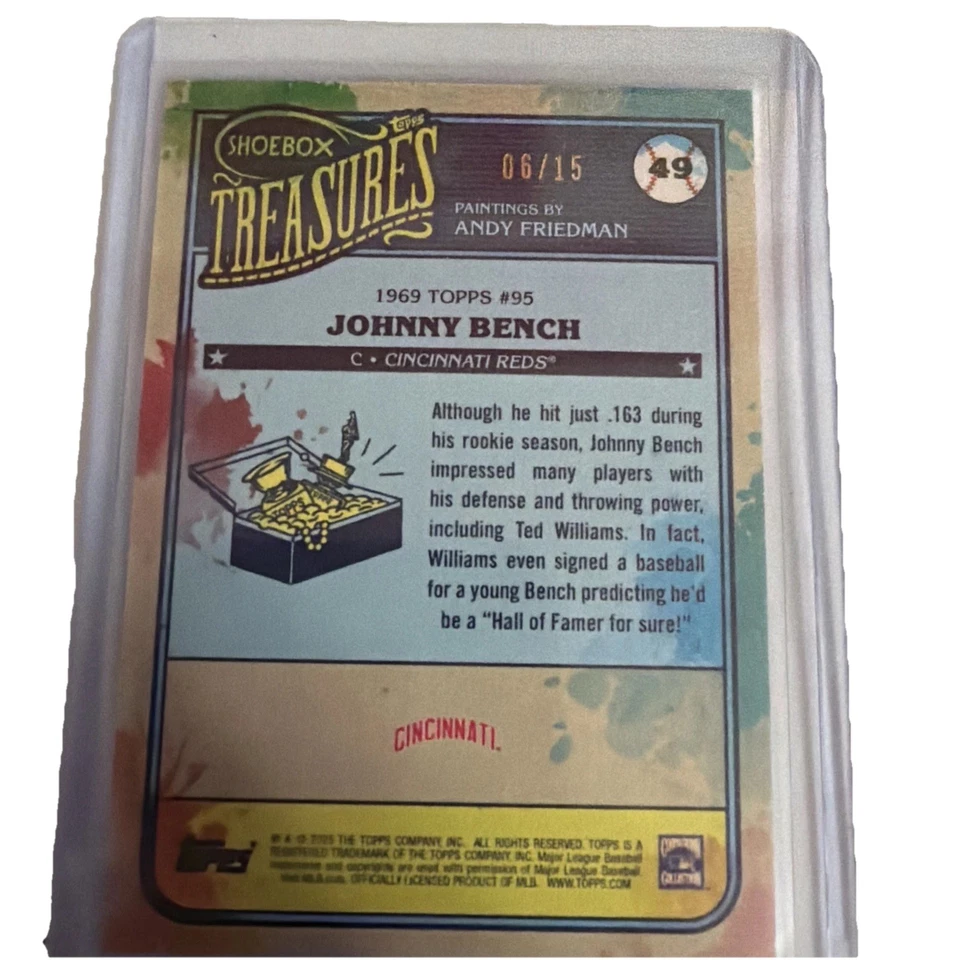 2025 Topps Shoebox Treasures x Andy Friedman Johnny Bench 油漆飞溅 SP /15 — 第 2/2 张图片