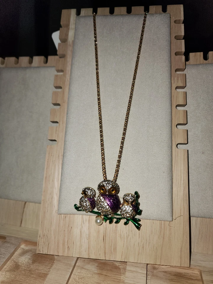 Betsey Johnson Rhinestone Mama Owl w/her 2 baby owls on a branch Pendant/Pin - Image 4 of 4