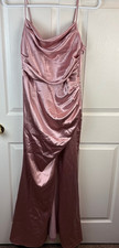 Women's Birdy Grey Maxi Dress Pink Ruched Sleeveless Slit Satin Shiny Medium M