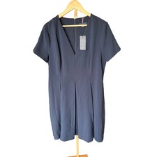 Tommy Hilfiger Women Navy Blue Short Sleeve V Neck Pleated Sheath Dress Size 16