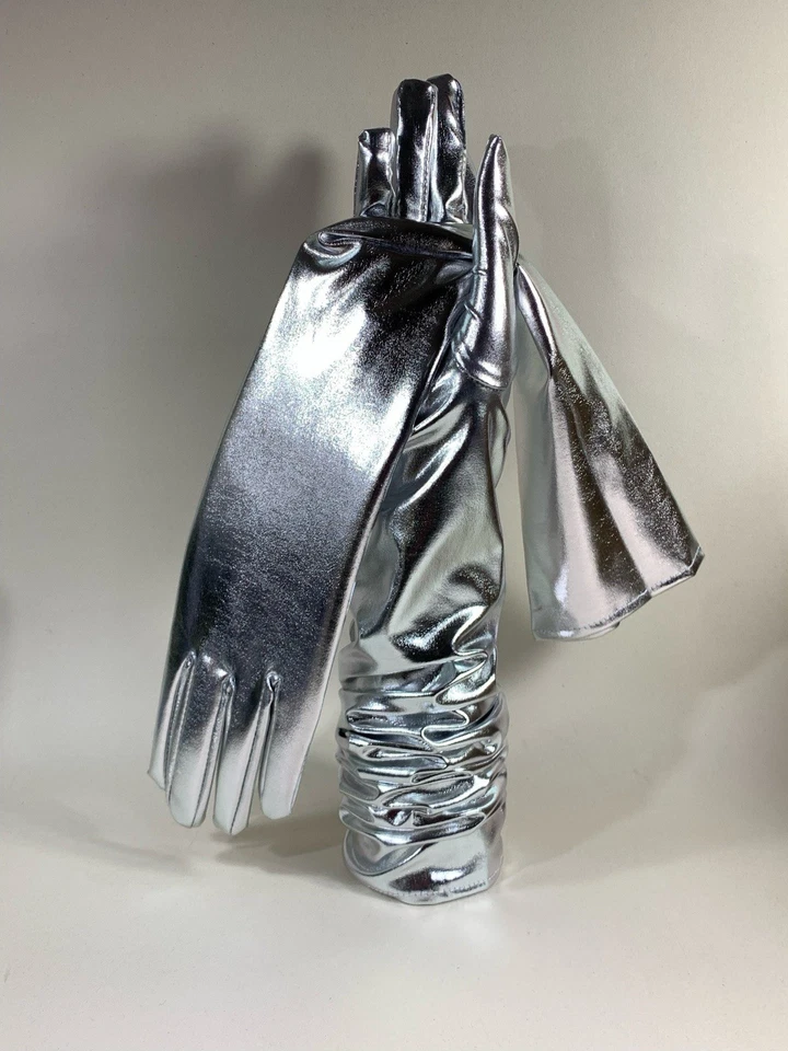 "Guantes plateados de PVC de tela elástica de noche de lujo hasta el codo de 21"" talla única" Foto 4 de 4