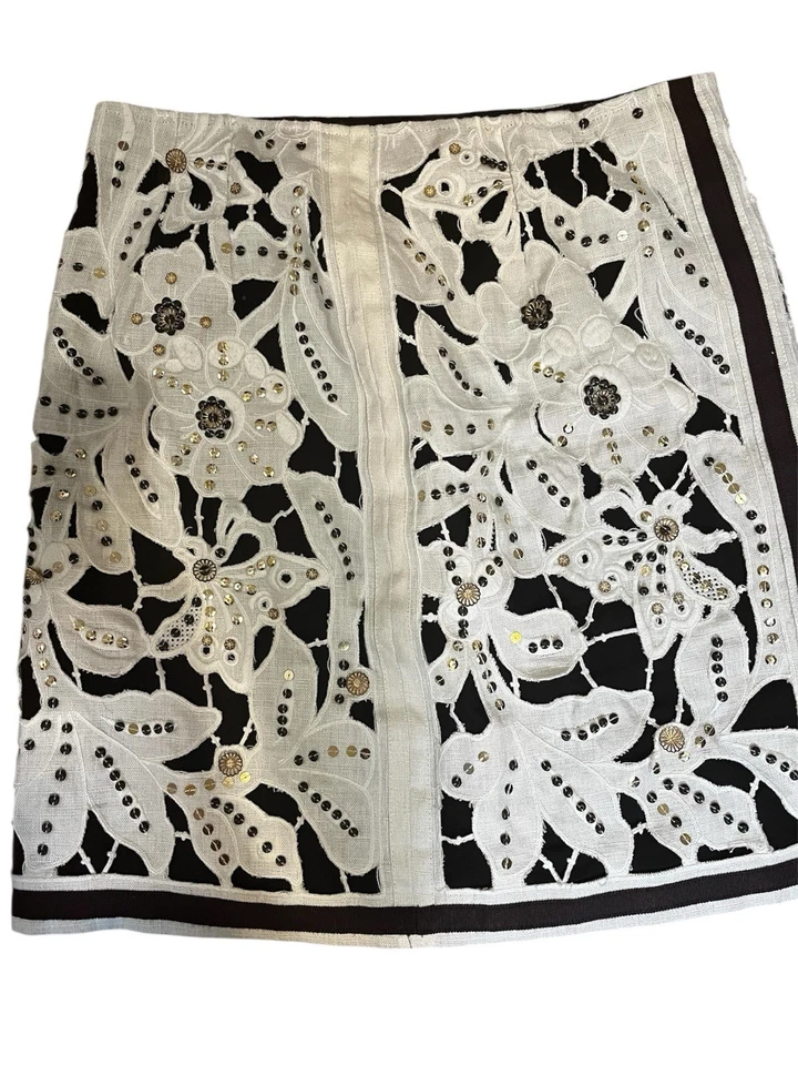 Per Se Linen Silk Brown And Cream Sequin Bedazzled Skirt Size 8 - Image 2 of 4