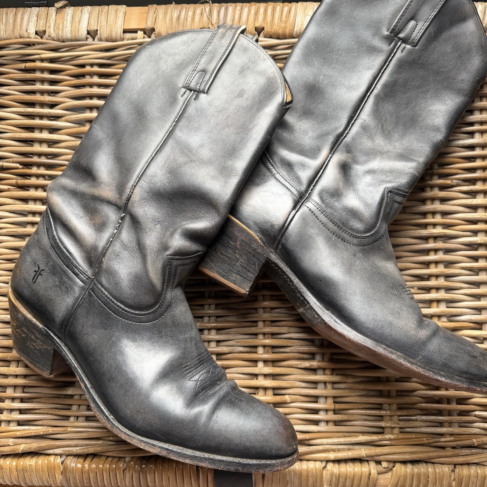 Vtg Frye Men's Boots Tall Western Cowboy 12D Black Distressed Worn USA Almond