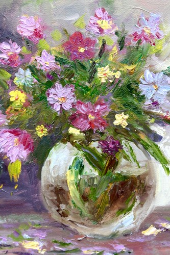 FLOWERS STILL LIFE OIL PAINTING ORIGINAL SIGNED 12X12 collectible artwork - Picture 3 of 4
