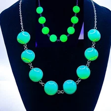 Statement Uranium Glass Necklace Opalescent Blue Green Stainless Steel