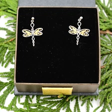 Sterling Silver 925 & 10k Yellow Gold Keith Jack Drgonfly Dangle/Drop Earrings