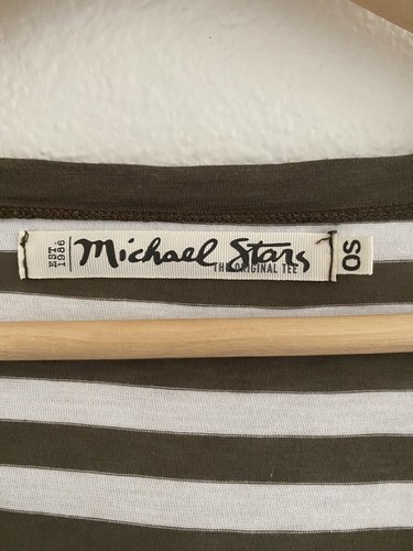 MICHAEL STARS Striped Long Sleeve Top Supima OS Fits Most Olive Green White - Afbeelding 2 van 7