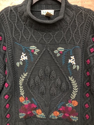 LL Bean Size Medium Chunky Knit Green Embroidered Sweater Pullover Vintage 90s - Picture 4 of 23