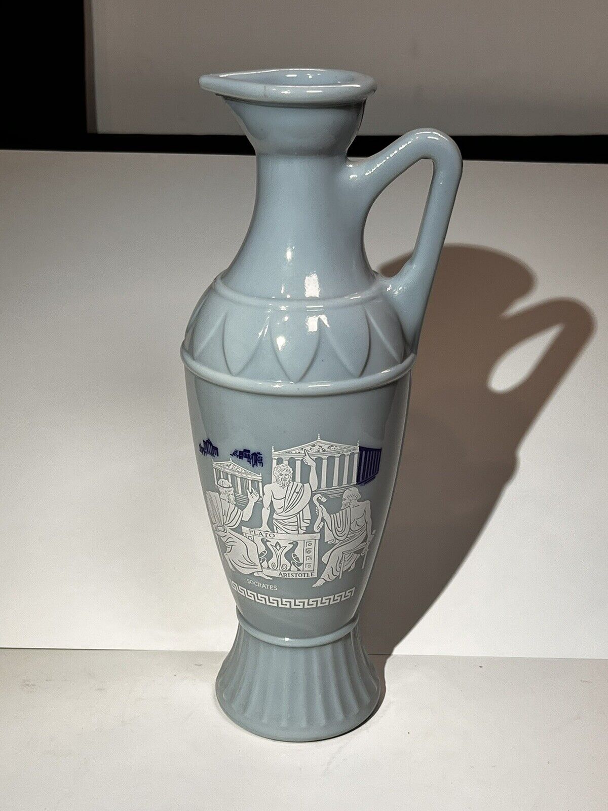 Vintage 1961 Socrates Plato Aristotle Greek Scene light blue vase / pitcher