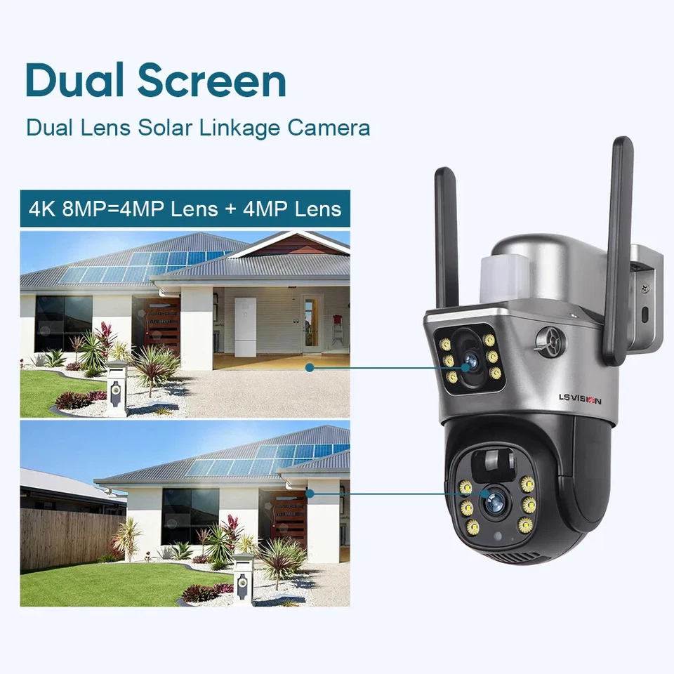 4K 8MP WiFi Solar Camera Dual Len Dual Screen Battery CCTV Motion Detection Home - Image 2 of 4