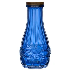 elle décor Colored Glass Carafe with Wood Lid, Dishwasher Safe, 1 Liter -Blue