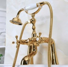 Gold Color Brass Deck Mount Bathtub Clawfoot Faucet Mixer Tap W/ Handheld Shower
