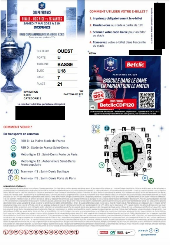 RARE ! 2 Places Finale de Coupe de France Nice / Nantes le 7 Mai STADE DE FRANCE - Photo 2/3