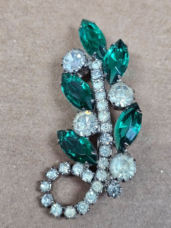 Estate White and Green Gemstones Pin Brooch 2.5"