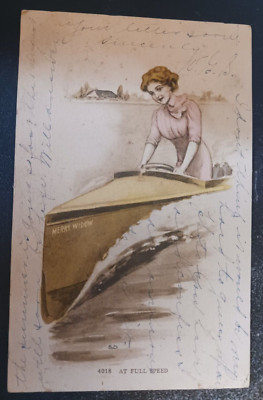 vtg postcard 1910 Merry Widow ''At Full Speed'' Power Boat posted