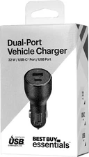 🔥 Best Buy essentials - 32 W Vehicle Charger with 1 USB-C & 1 USB Port Black 🔥