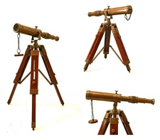 Nautical Brass Telescope with Wooden Tripod Stand Antique Decor Xmas Gift Item