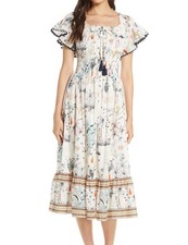 Tory Burch Poetry of Things Floral Print Cotton Midi Dress Off the Shoulder M