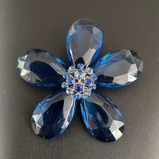 Blue Acrylic Flower Brooch Pin Faceted Rhinestone Floral Statement Sparkly