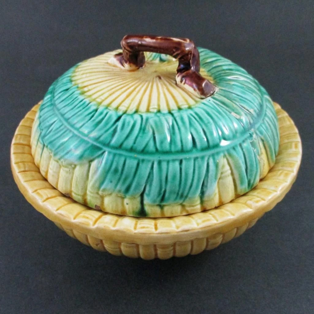 BAMBOO & FERN - antique MAJOLICA 3pc BUTTER DISH - WARDLE & Co., c.1880's