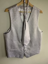 Vintage BHS Waistcoat Cravat Tie Set Jacquard Lilac Purple Ascot Wedding 40inch