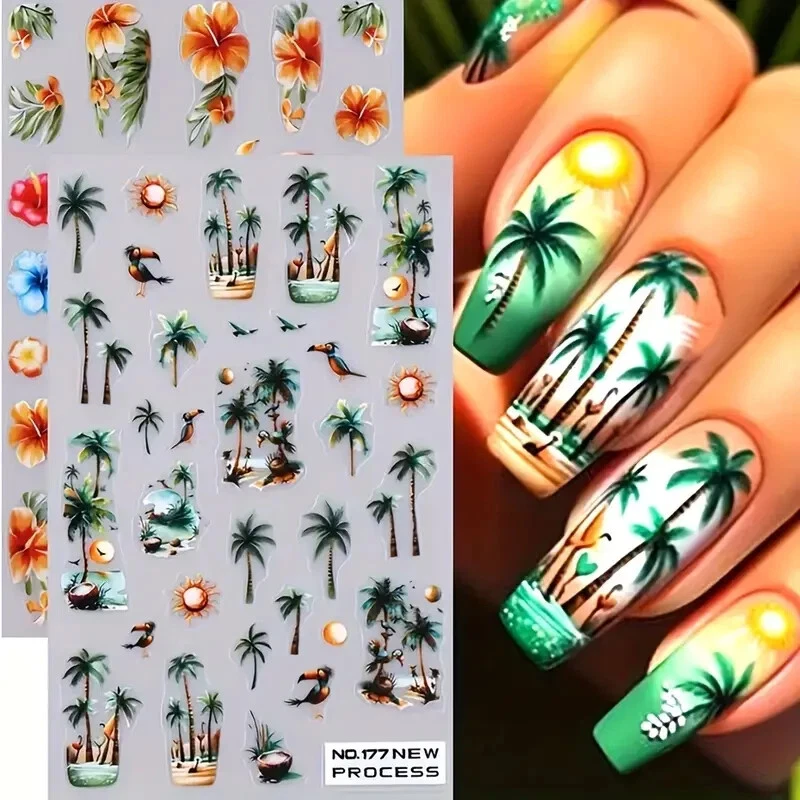 Nail Art Stickers Decals Tropical Flamingo Palm Tree Summer Holiday Beach Design