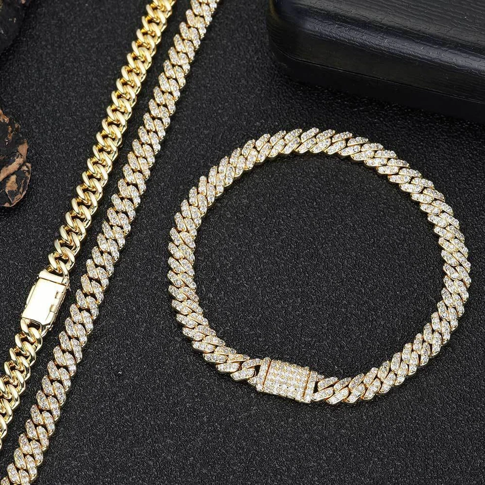 Collar de cadena de eslabones cubanos de acero inoxidable chapado en oro de 6 mm con circonita cúbica completa de Miami Foto 2 de 4