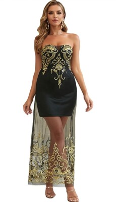 black and gold sweetheart dress Unique Vintage Black & Gold Astrological Chart Sweetheart Halter Swing main image 0
