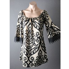 Black Beige Boho Ikat Henna Pattern Crochet Bell Sleeve Tunic Shift Mini Dress