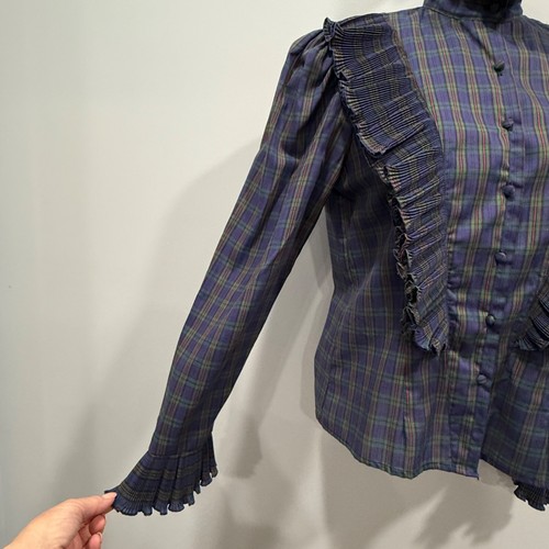 VTG 80s Jacqueline Fried Plaid Ruffle High Collar Prairie Shirt Preppy Womens S? - Picture 5 of 12